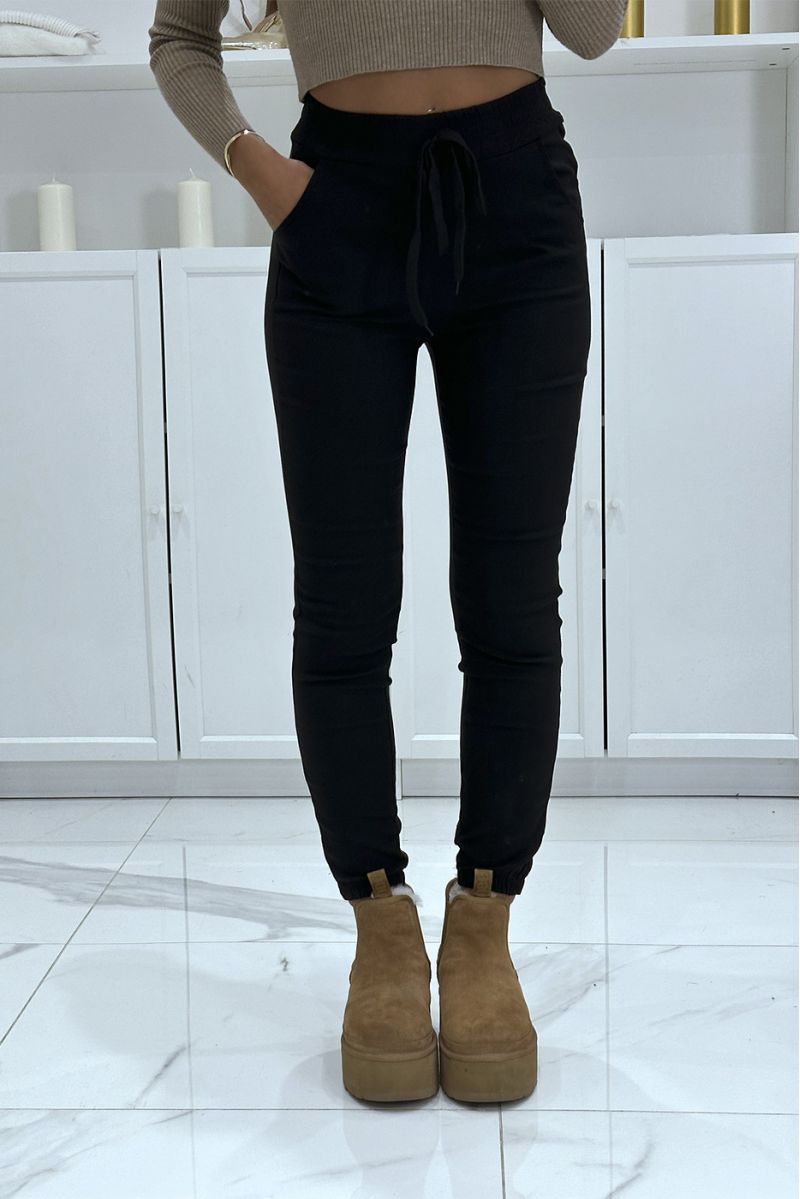 Pantalon slim noir extensible taille haute à cordon et poches