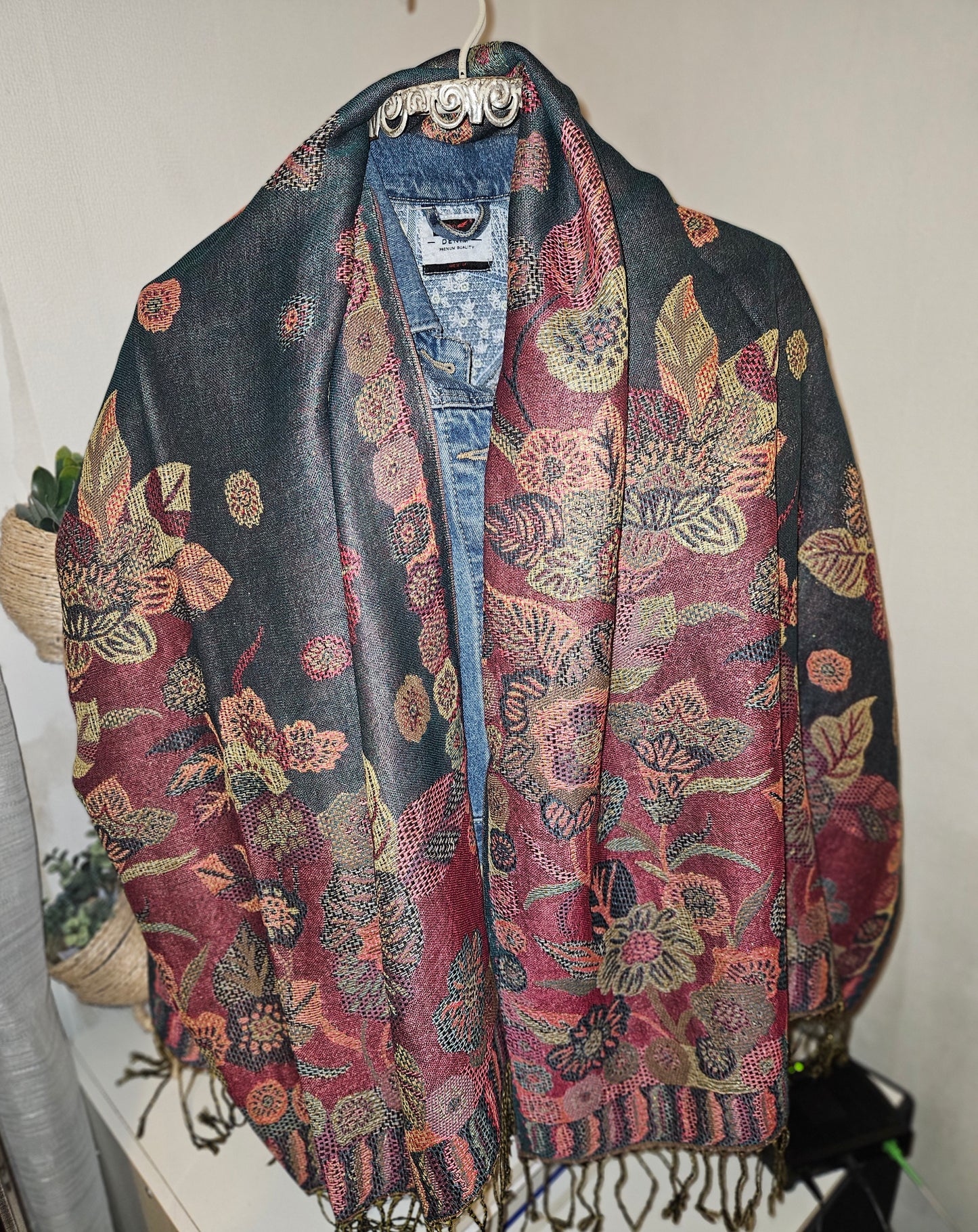 Écharpe/Châle/pashmina bleu canard rose fuschia doré