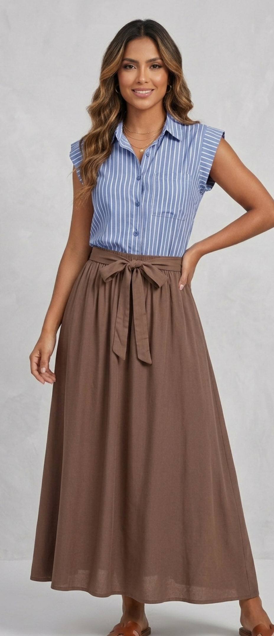 Chemise à rayures sans manches à boutons bleu