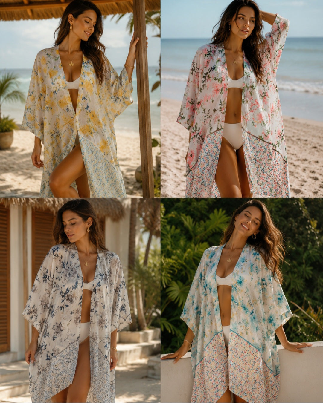 Kimono de plage fleuri en voile de coton 100%