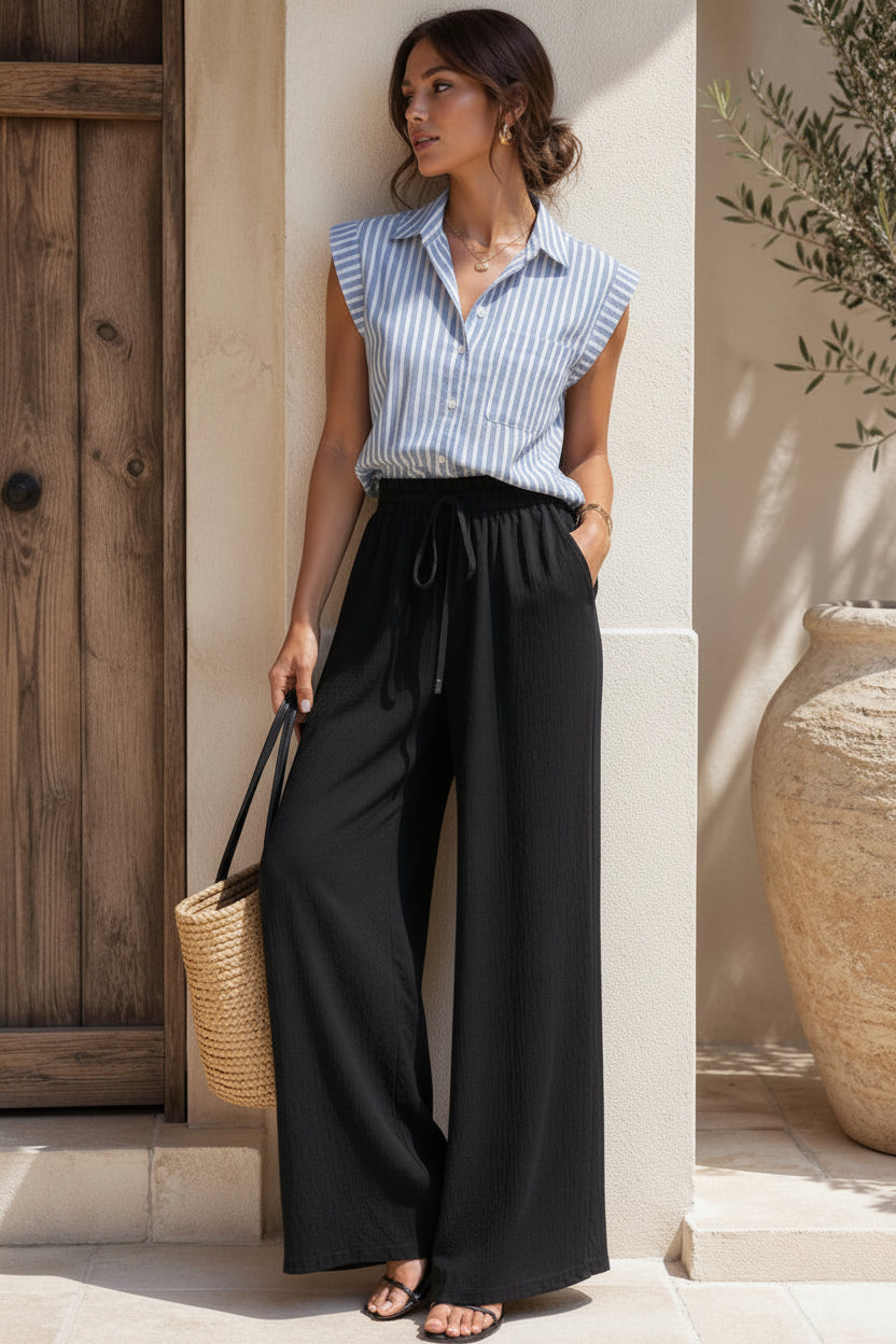 Chemise à rayures sans manches à boutons bleu