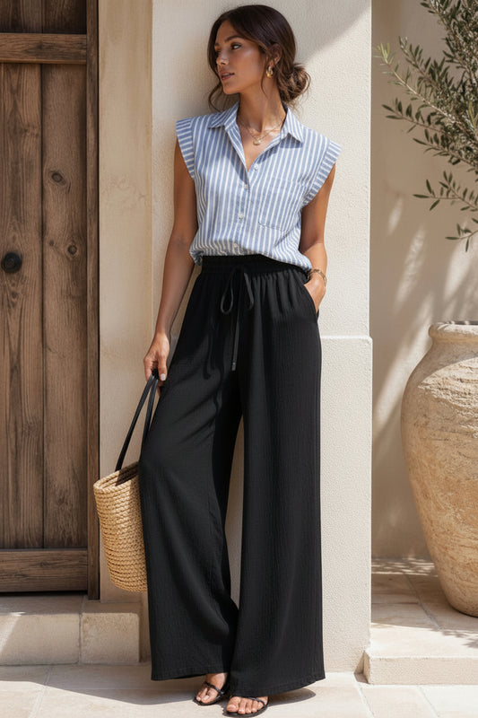Chemise à rayures sans manches à boutons bleu