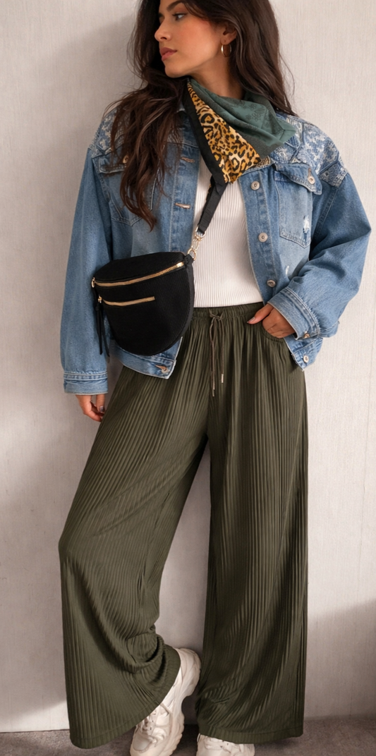 Pantalon large plissé kaki