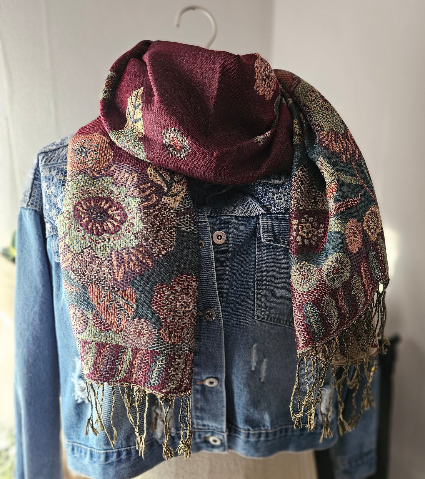 Écharpe/Châle/Pashmina bordeaux vert doré