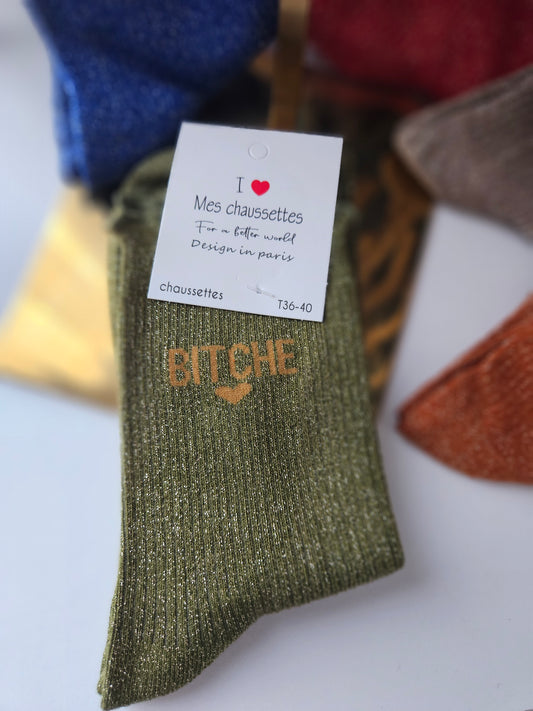Chaussette brillante  kaki (36-41).