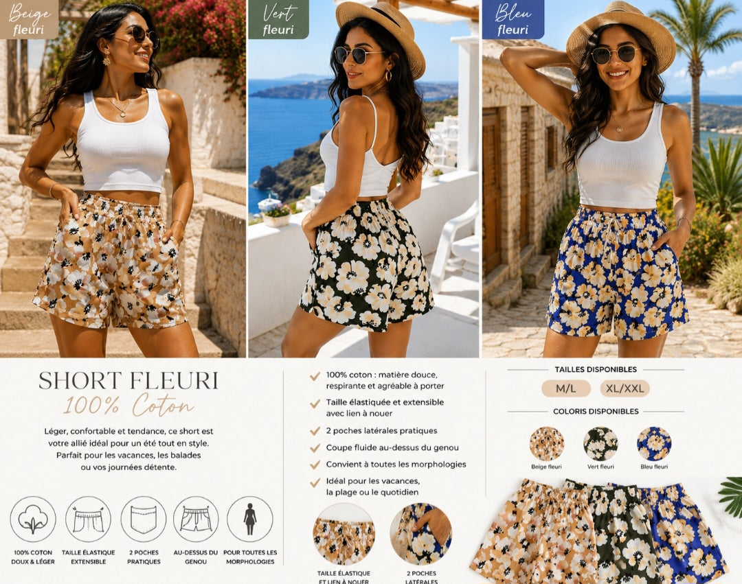 Short fluide extra léger motifs floraux 🌸 100% coton