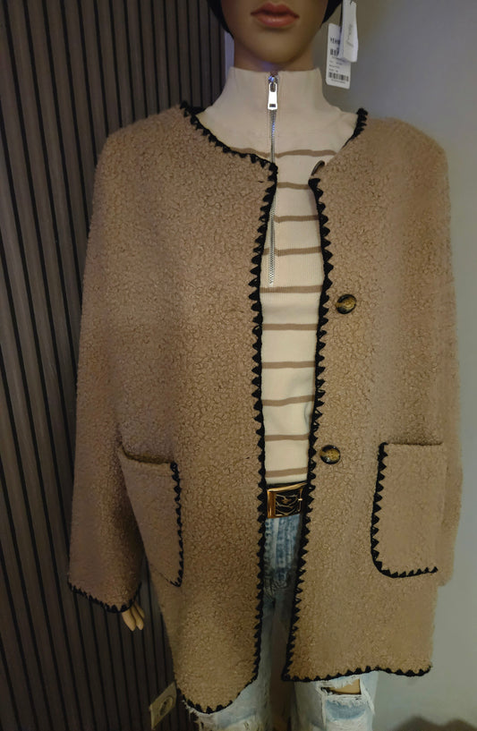 Veste mi longue peluche  Teddy en beige surpiqué Noir
