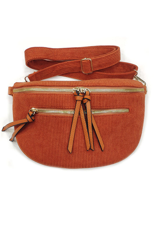 Grand sac banane en velours côtelé en Orange/  Camel