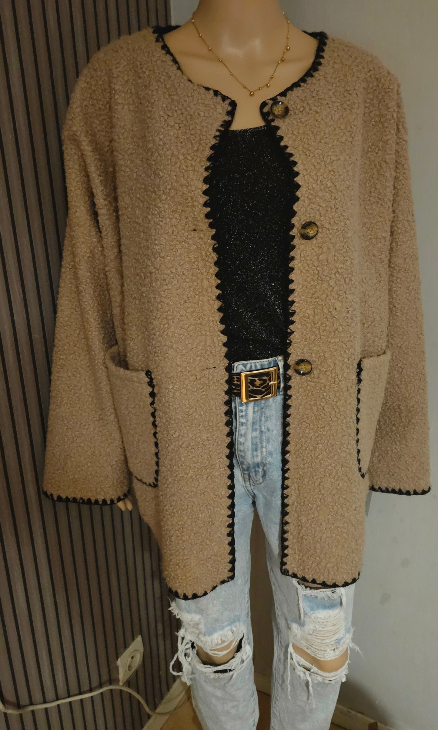 Veste mi longue peluche  Teddy en beige surpiqué Noir