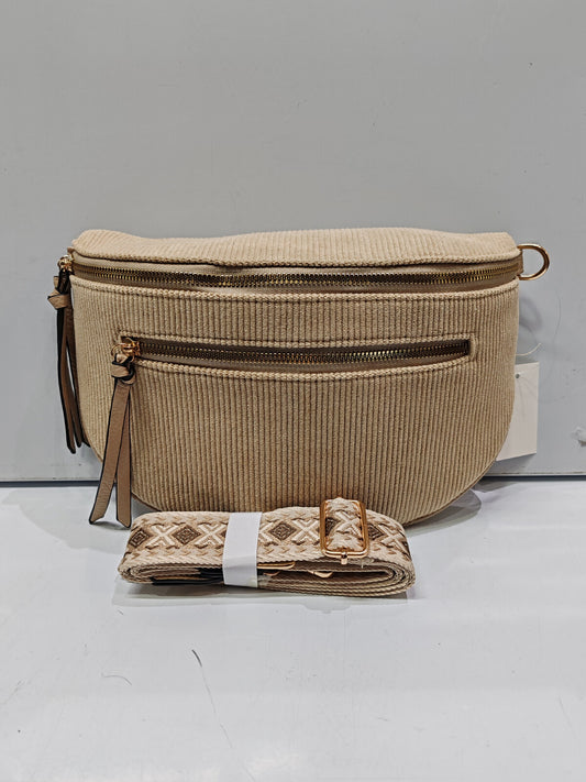 Sac banane crossbag  beige en velours côtelé grand format et bandoulière assortie