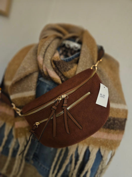 Sac banane crossbag marron en velours côtelé grand format et bandoulière assortie