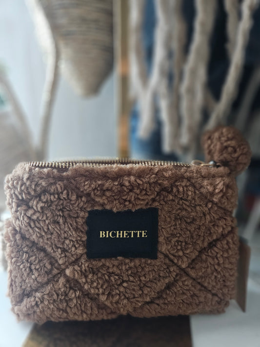 Pochette/Porte Monnaie BICHETTE marron fausse fourrure pompon