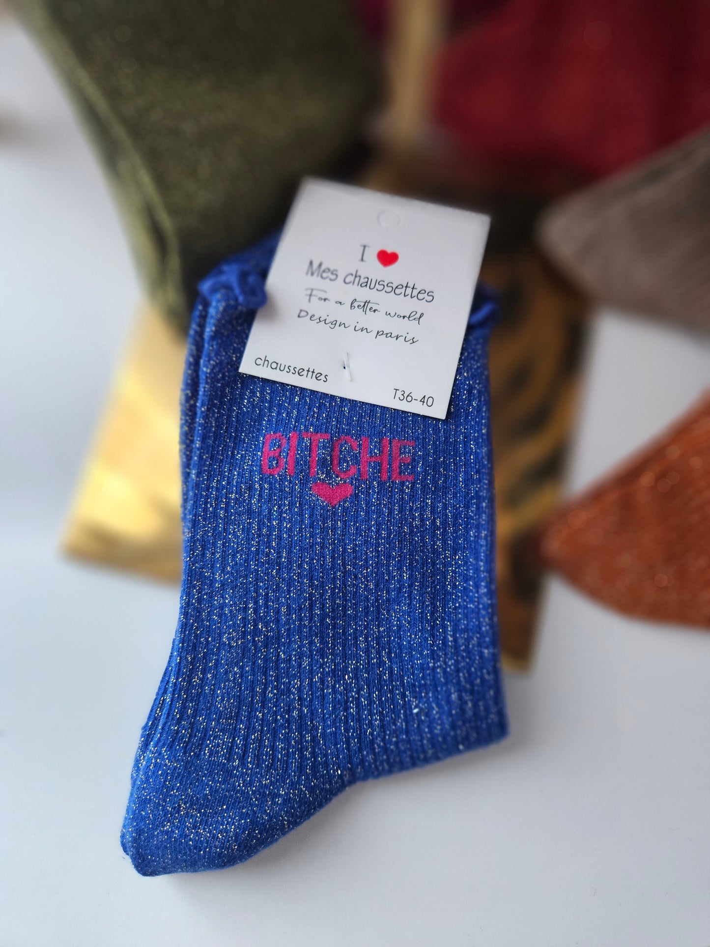 Chaussette brillante bleu roi (36-41).