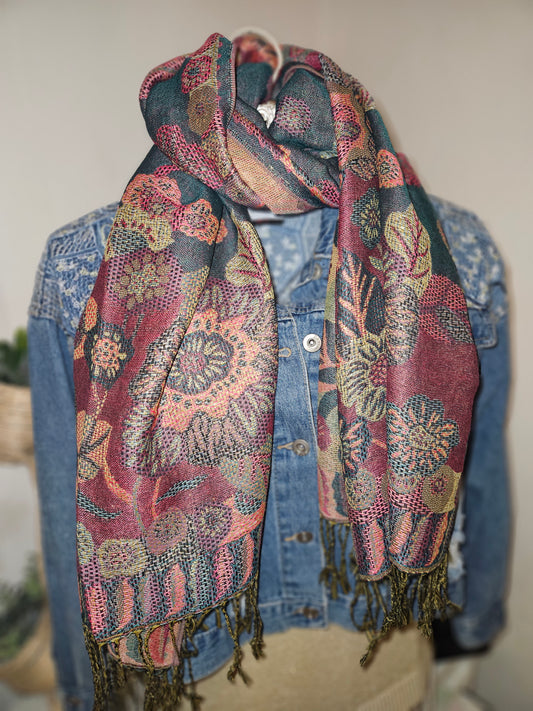 Écharpe/Châle/pashmina bleu canard rose fuschia doré