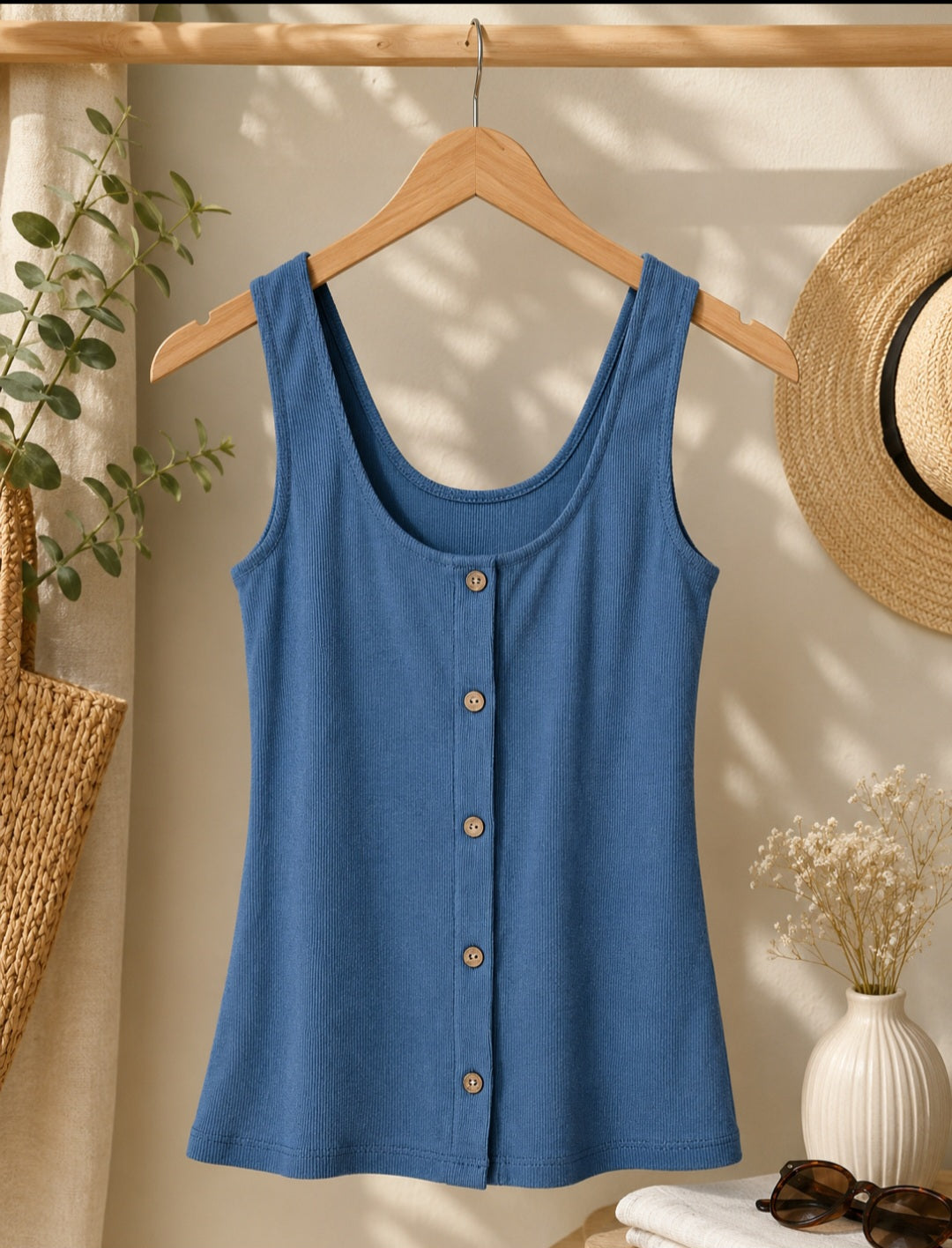 Top côtelé bleu jean en coton