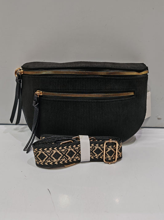 Sac banane crossbag noir en velours côtelé et bandouliere assortie