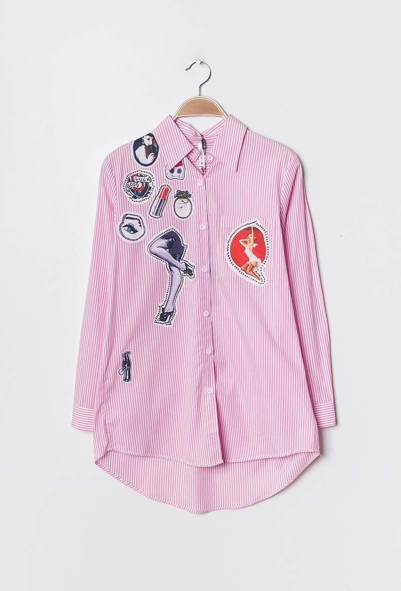 Chemise rose rayée retro en 100% coton